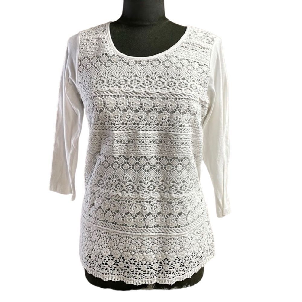 Coral Bay Womens White Eyelet Lace 3/4 Sleeve Top Size Small White